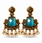 Antique Gold Teal Stone Chandbali with Kundan & Pearl Drops