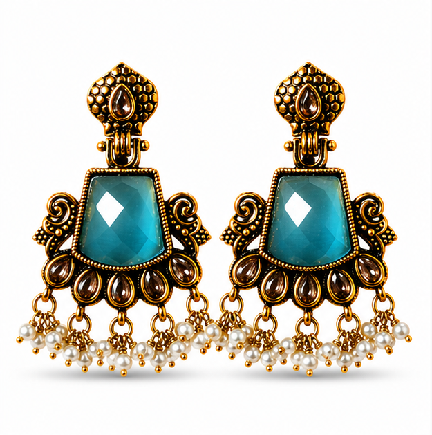 Antique Gold Teal Stone Chandbali with Kundan & Pearl Drops