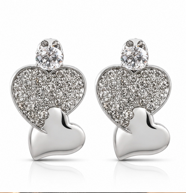 Silver Twin-Heart Pavé Crystal Stud Earrings