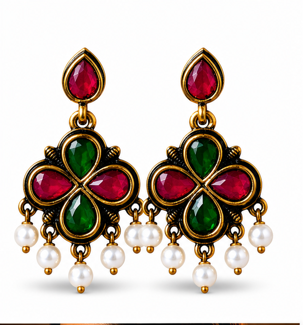 Antique Gold Ruby & Green Clover Drop Earrings with Pearls