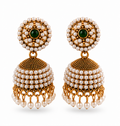 Antique Gold Pearl-Encrusted Jhumka with Green Stone Stud