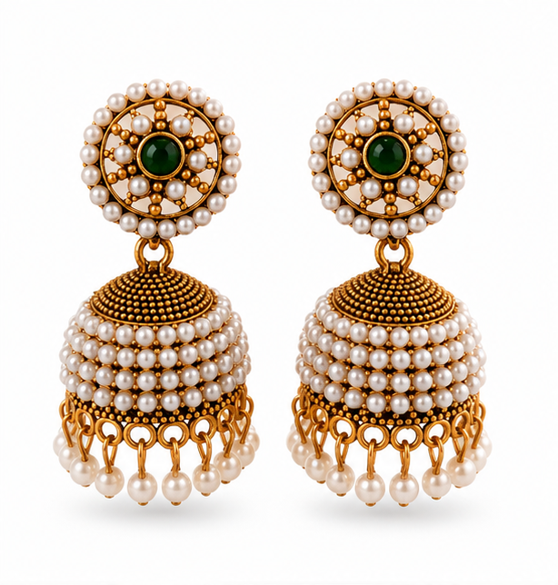 Antique Gold Pearl-Encrusted Jhumka with Green Stone Stud