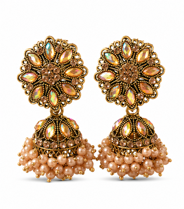 Antique Gold Aurora Crystal Flower Stud Jhumka with Pearls
