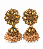Antique Gold Aurora Crystal Flower Stud Jhumka with Pearls