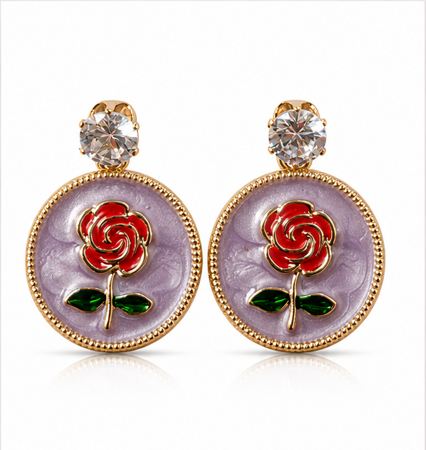 Gold Rose Medallion Drop Earrings – Lavender