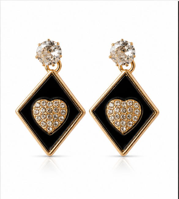 Gold Black Diamond Heart Drop Earrings