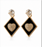 Gold Black Diamond Heart Drop Earrings