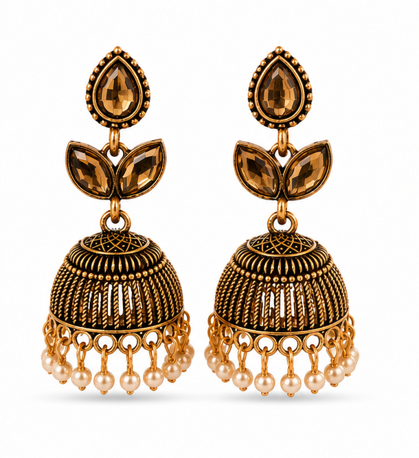 Antique Copper Smoky Crystal Leaf Stud Jhumka with Pearls
