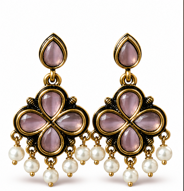 Antique Gold Lavender Clover Drop Earrings with Pearl Fringe