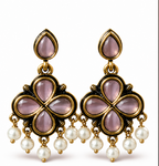 Antique Gold Lavender Clover Drop Earrings with Pearl Fringe