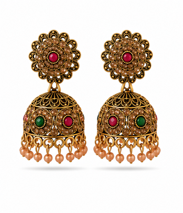 Antique Gold Floral Stud Dome Jhumka with Multi-Stone & Pearl Drops