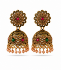 Antique Gold Floral Stud Dome Jhumka with Multi-Stone & Pearl Drops