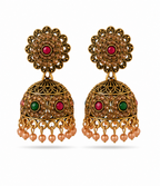 Antique Gold Floral Stud Dome Jhumka with Multi-Stone & Pearl Drops