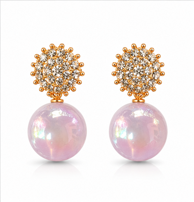 Gold Lavender Pearl Drop Earrings