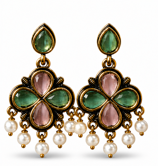 Antique Gold Pink & Green Clover Drop Earrings with Pearl Fringe