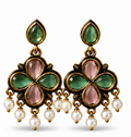 Antique Gold Pink & Green Clover Drop Earrings with Pearl Fringe