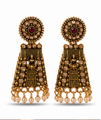 Antique Gold Temple Deity Bell-Shaped Jhumka with Pearls