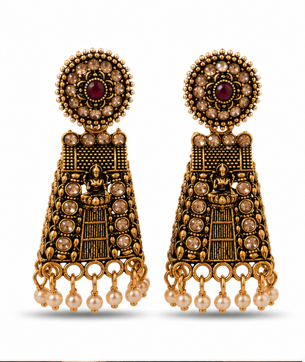 Antique Gold Temple Deity Bell-Shaped Jhumka with Pearls
