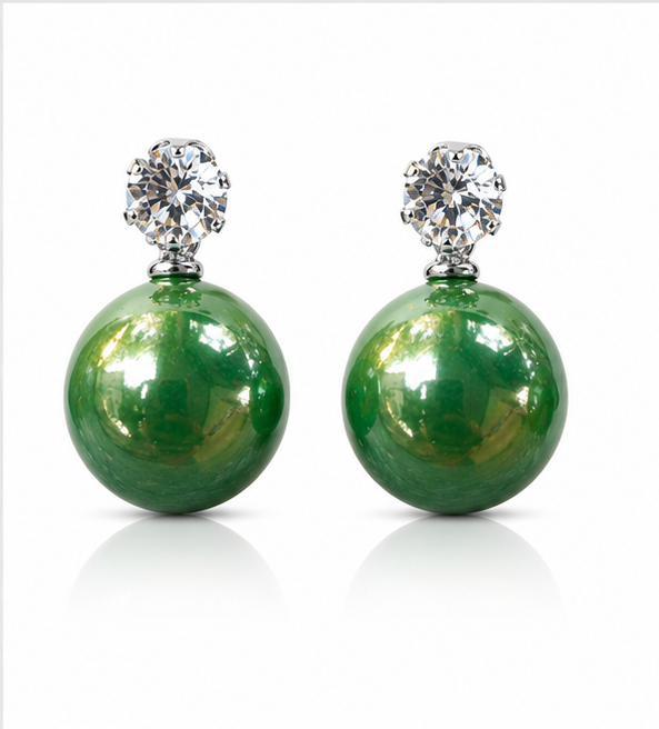 Silver Emerald Green Pearl Stud Earrings