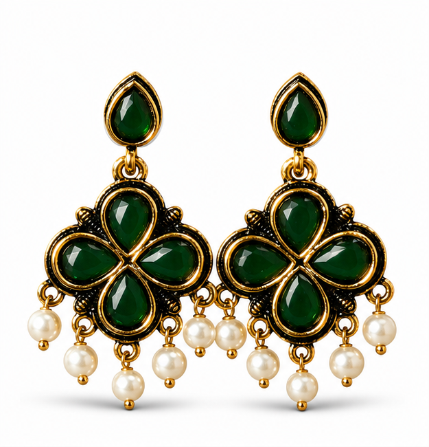 Antique Gold Deep Green Clover Drop Earrings with Pearl Fringe