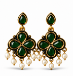 Antique Gold Deep Green Clover Drop Earrings with Pearl Fringe