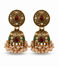 Antique Gold Kundan & Multi-Stone Round Stud Jhumka with Pearls