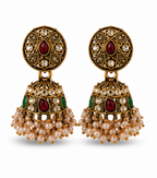 Antique Gold Kundan & Multi-Stone Round Stud Jhumka with Pearls