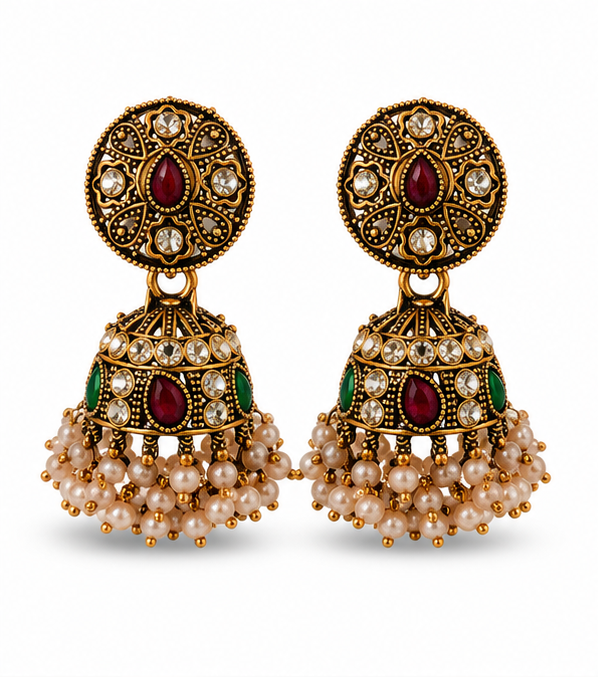 Antique Gold Kundan & Multi-Stone Round Stud Jhumka with Pearls