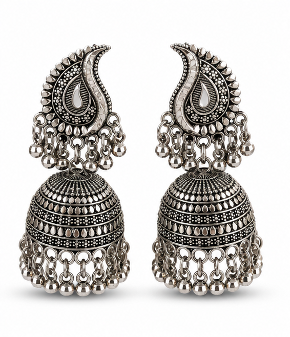 Oxidised Silver Paisley Jhumka Earrings with Ball Fringe