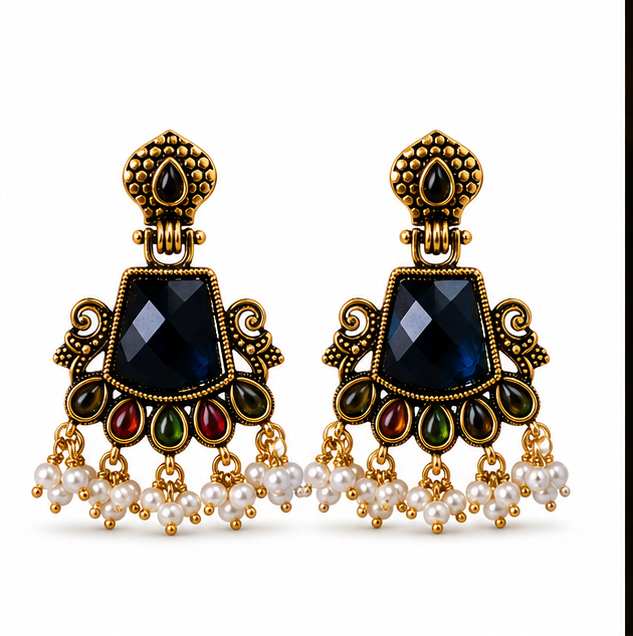 Antique Gold Navy Blue Stone Chandbali with Pearl Drops