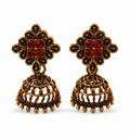Antique Gold Flower Stud Cage Jhumka – Red Stone