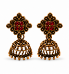 Antique Gold Flower Stud Cage Jhumka – Red Stone