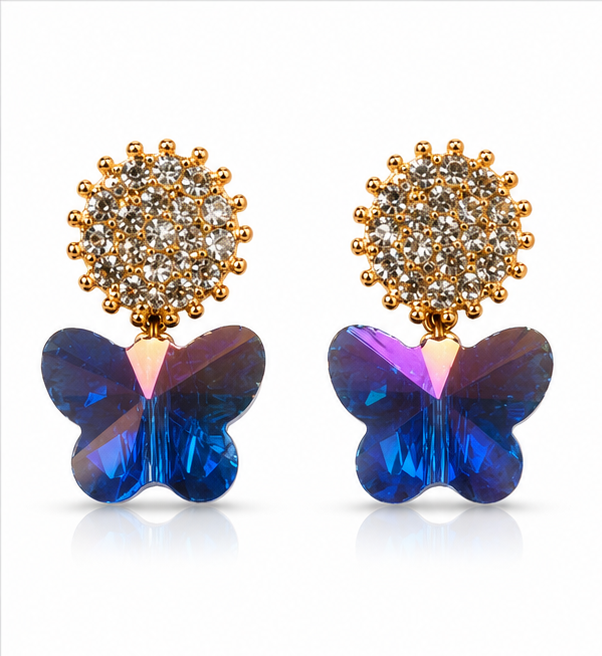 Gold Sapphire Butterfly Crystal Earrings