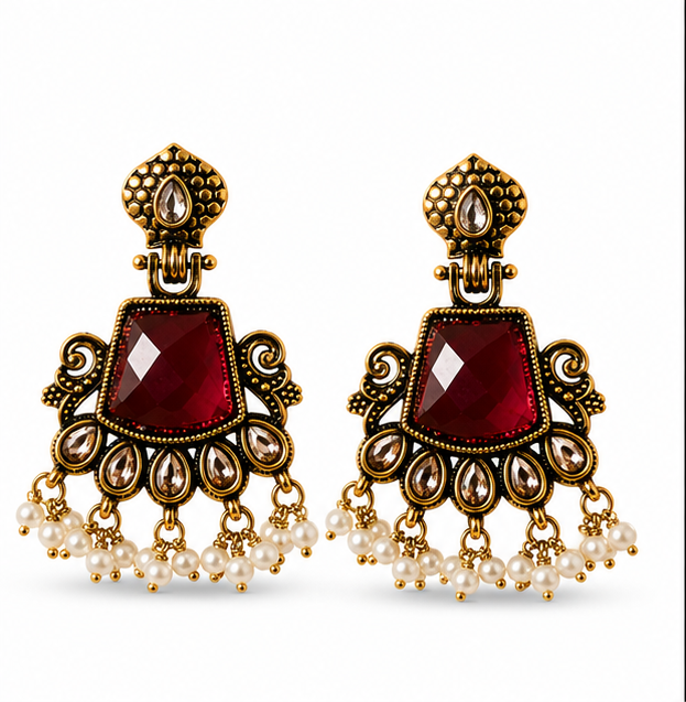 Antique Gold Ruby Red Stone Chandbali with Kundan & Pearls