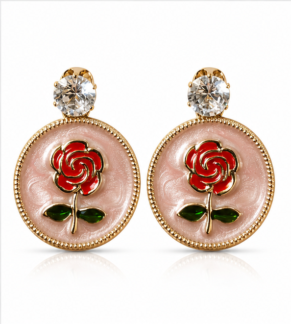 Gold Rose Medallion Drop Earrings – Blush Pink