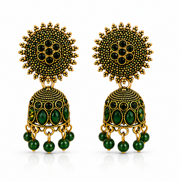 Green Stone Antique Gold Jhumka Earrings with Sun Stud