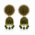 Green Stone Antique Gold Jhumka Earrings with Sun Stud