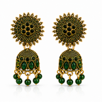 Green Stone Antique Gold Jhumka Earrings with Sun Stud