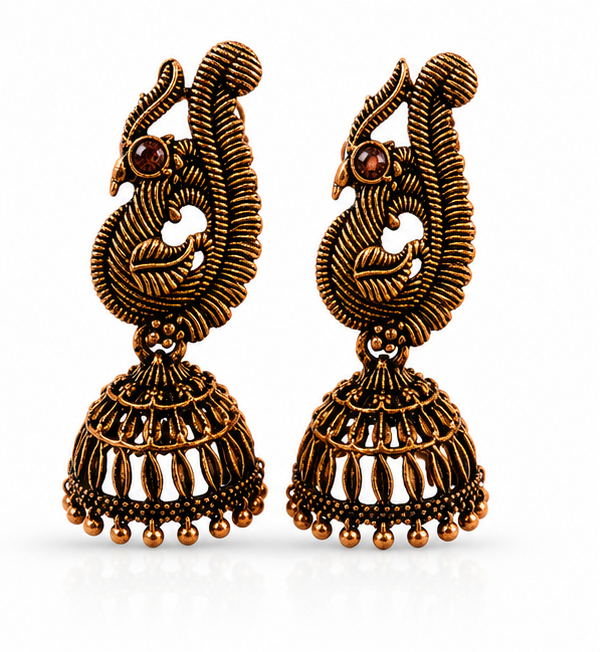 Oxidised Copper Peacock Jhumka with Brown Stone