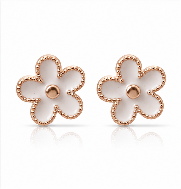 Rose Gold White Floral Stud Earrings