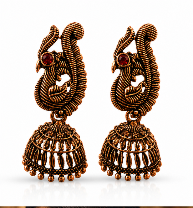 Oxidised Copper Peacock Jhumka with Red Stone