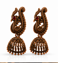 Oxidised Copper Peacock Jhumka with Red Stone