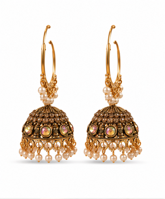 Antique Gold Hoop Jhumka with Aurora Stones & Pearl Fringe