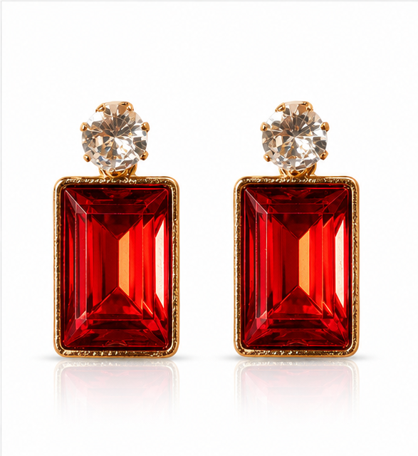 Gold Ruby Red Crystal Drop Earrings