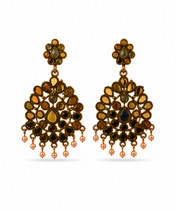 Antique Copper Navratna Multi-Stone Fan Drop Earrings