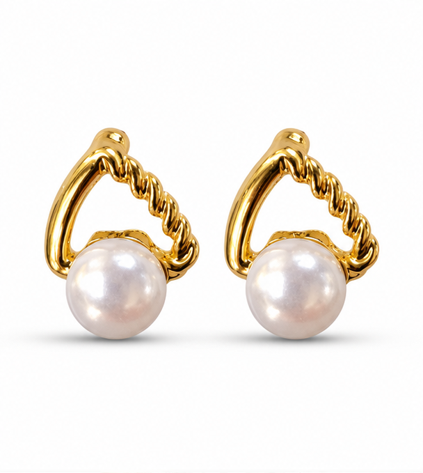 Gold Twisted Arc Pearl Stud Earrings