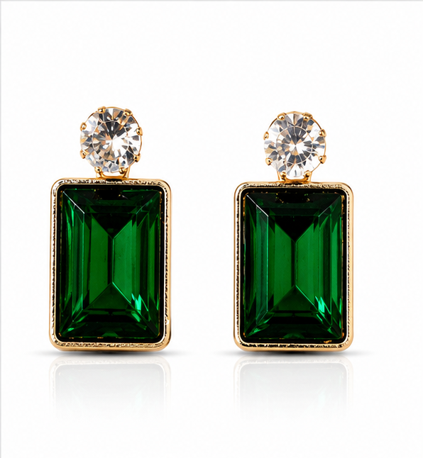 Gold Emerald Green Crystal Drop Earrings