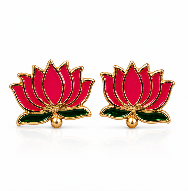 Pink Enamel Lotus Stud Earrings