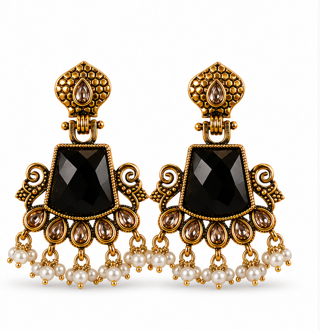 Antique Gold Black Stone Chandbali with Pearl Drops