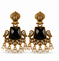 Antique Gold Black Stone Chandbali with Pearl Drops